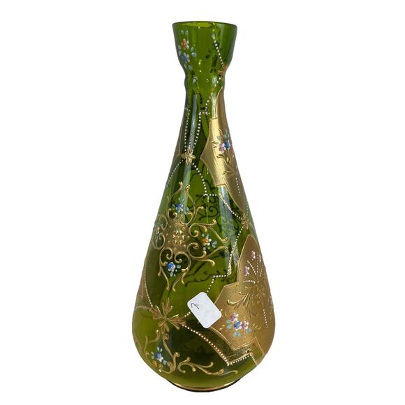 Vintage Signed Moser Art Glass Long Neck Vase Green Gold Gilt Good Condition - Picture 3 of 11